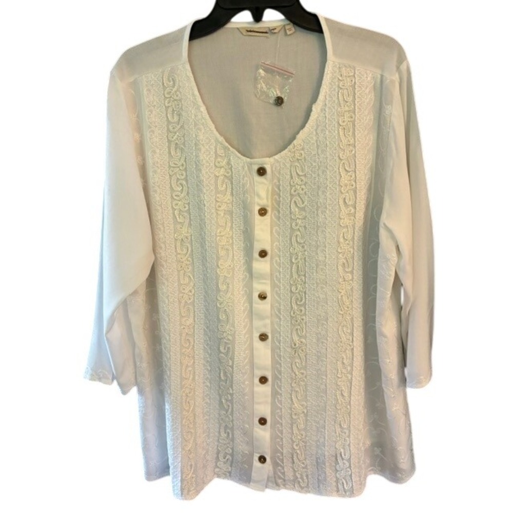 Soft Surroundings Blouse Womens 1X White New Embroidered Button Front Tie